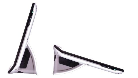 Side view of a tablet with a kickstand standing up and laying down on its back.