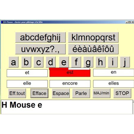A modified onscreen keyboard with a yellow background, gray keys with black letters, and white predicted words. There are buttons written underneath for erasing, space bar, speaking, capital, and stop. Below that in heavy black font are the words written in the text box.