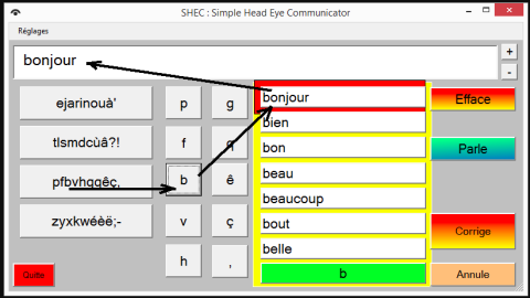 A modified onscreen keyboard with the text box on top and all buttons/keys for that the user chooses are arranged in columns, the first being the 4 groups of letters, then two columns of one group's keys, followed by word predictions. The last column contains the erase and speak buttons.