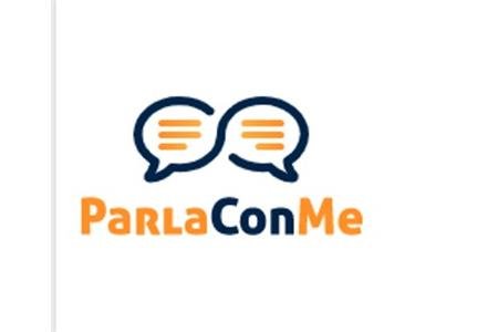 A software icon with the Italian words ParlaConMe written without spaces and the Con in blue while the Parla and Me are in Gold. There are two connecting dialog bubbles above the words, on pointing to Parla and one pointing to Me. The bubbles are outlined in blue with gold dashes for words.