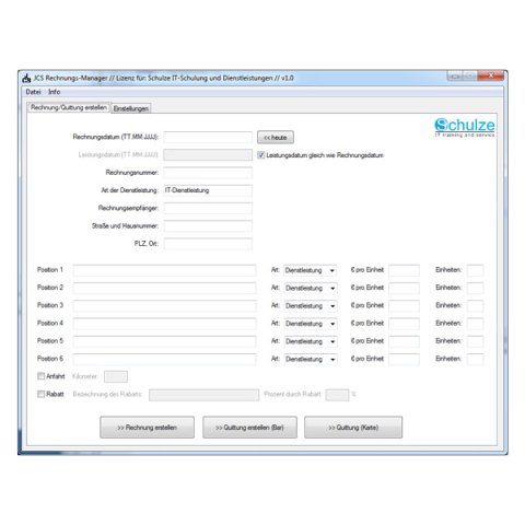Software's page featuring blank squares and lines with labels and with a company name in the upper right corner. The body of the page is a template for an invoice with the usual fields to be entered: date, address, product name, quantity, price, extension of amount due, and sum totals.