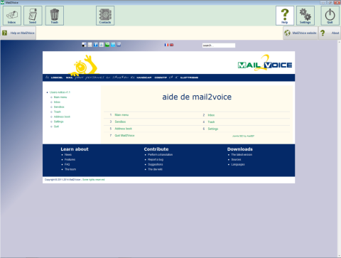 Menu options such as sendbox, address book, inbox, trash, and settings.