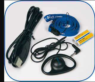A USB cord, charger with serial port, lanyard strap, and 2 AA batteries.