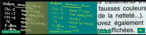 Four boards are shown illustrating ease of reading: a blackboard with thick white letters, a gray-green board with thin white letters, a green board with yellow letters, all handwritten. The last is a whiteboard with black letters in a text font with the label Zoom 4.0.
