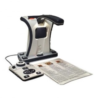 A rectangular-shaped device in portrait orientation with an optical arm extending over a paper. The base of the device has large buttons on it. Next to it is a remote with a cord and large buttons at each corner and a large wheel on its top middle.