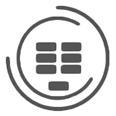 A logo of a circle formed by two non-connecting lines and having a 2x3 layout of dark gray rectangles, with another single rectangle centered below the 2 columns.