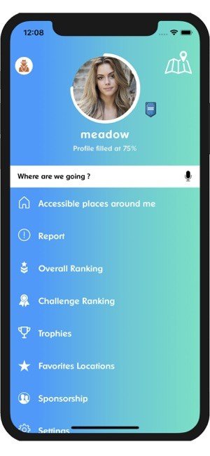 User profile page with menu options, including accessible places around me, report, overall ranking, challenge ranking, trophies, favorite locations, sponsorship, and settings. 