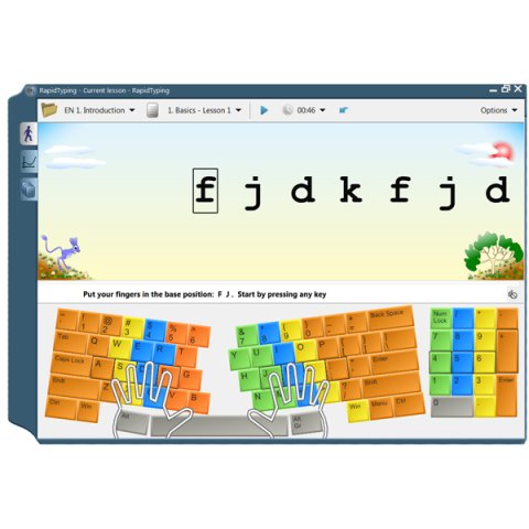 Moving hands feature with hands outlined in white to demonstrate placement on keyboard.