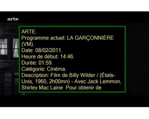 Information on a television program, including the name, date, start time, duration, category, and description.