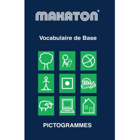 Cover of Makaton basic vocabulary package that includes a pictogram of various objects such as a tree, a house, a sheep, a computer, and others.