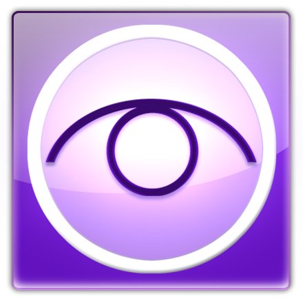 A purple square with a drawn white circle taking up its area. Inside it is drawn the shape of an eye.