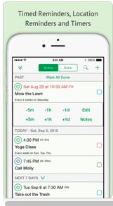 The timed reminder page on an iPhone. The topmost selection called Active is highlighted. This is followed by a task, Mow the Lawn with the alarm timer in red: day, date, hour. Also shown is the interval for the alarm: every 2 weeks on Saturday. There is a section for adjusting, editing, and note-making. Then there is another alarm and task, and so on.