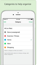 The app's Category page on an iPhone. It begins with All (no filter) and has 5 categories listed, each preceded by a color dot. The first is "None (unassigned). The others that follow are Exercise/Fitness, Home, Work, Shopping.