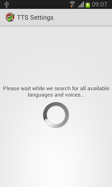 TTS Settings screen, with text that reads "Please wait while we search for all available languages and voices..."