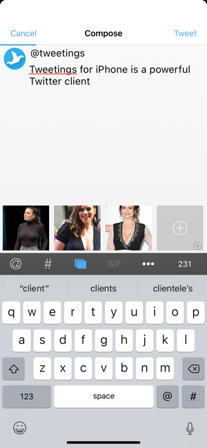 The "Compose" screen for Tweetings, which includes photos for selection with a keyboard below and the "Tweet" link at the top right.