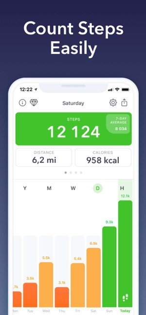 A graph of daily steps counted with the day's total at the top and the corresponding distance and calories burned below.