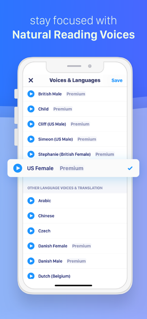 The Voices & Languages page, which features voices such as a British male, a child, a U.S. female, and other voices, with languages below. 