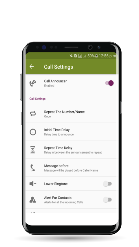 Menu options such as repeat the number/name, initial time delay, repeat time delay, and others.