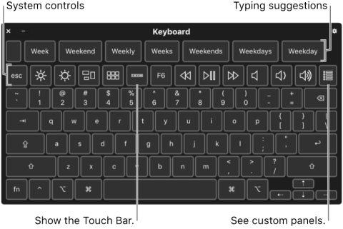 Screenshot of the on-screen Accessibility Keyboard with typing suggestions across the top. Below is a row of buttons for system controls to do things like adjust display brightness, show the Touch Bar onscreen, and show custom panels.