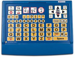 Blue alternative keyboard with mouse control and black alphabetical key layout on a yellow background.