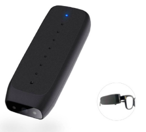 A small rectangular device with a blue led light shining on its front. This hole is the first in a line of holes going down the front but is not lit. Next to this device is a small c-shaped receptacle with an attached metal loop.
