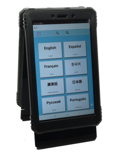 An encased tablet device with a screen featuring language options.