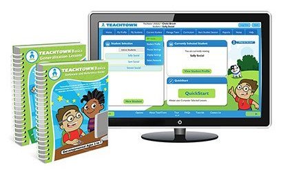 Two TeachTown Basics spiral-bound books and a monitor with a screenshot of the software.