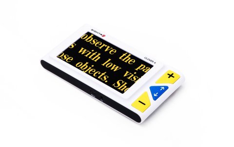 A white rectangular device with text magnified in yellow on a black screen and menu options on the right side.