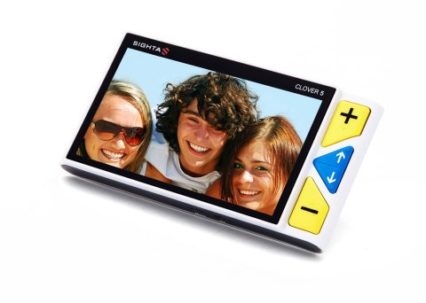 A white rectangular device with a photo featured on the screen and menu options on the right side.