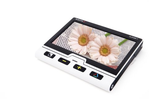 A white rectangular device with a photo on the screen and menu option along the bottom edge.