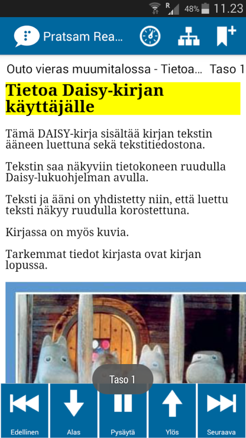 An article's heading highlighted in yellow, below it there is a text and a picture below the text with menu options to pause, play, page up and down, and move forward and back. 