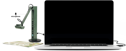 An green L-shaped document reader above a document and hooked up to a laptop.