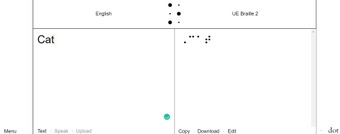 A white textbox with "Cat" typed in black text and, to the right, the word translated in UE Braille 2. 