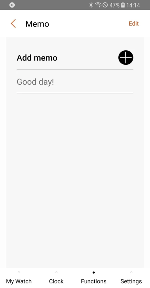 Add memo page with menu options below, including my watch, clock, functions, setting.