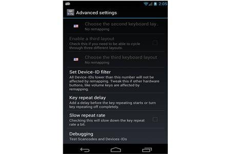 Settings screenshot of the apedroid with a list of options such as Set Device-ID filter, Key repeat delay, Slow repeat rate, Debugging. 