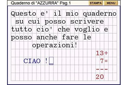 Display screen showing text in Italian that says, "This is my notebook on which I can write everything I want and I can also do operations, 13 + 7 = 20"