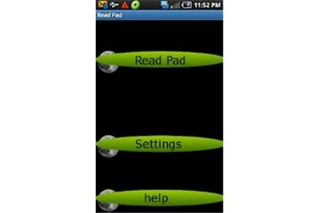 Black screen with three tabs. first tab 'Read Pad' second tab 'Settings' third tab 'help'