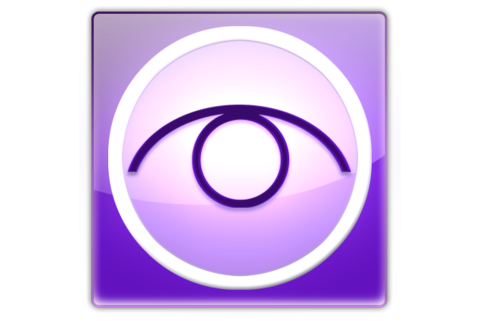 A purple eye graphic with a white circle around it.
