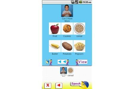 Speech Buddy mobile interface with options for a user to choose what food to ask for on a tablet.