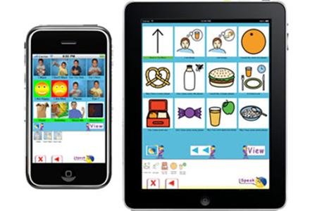 Tablet and mobile user interface with icons depicting food, drink, bed, etc. that can be pressed to communicate. 