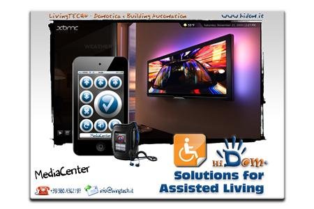 Smartphone with HIDOM interface and a flat screen tv next to it.