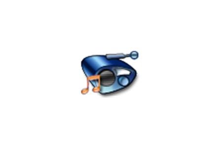 Stylized image of blue radio with an antenna on right and musical note on left.