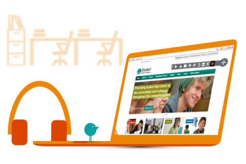 Orange laptop graphic with the display showing a webpage, with a pair of orange headphones next to the keyboard a little green figure standing on the keyboard.