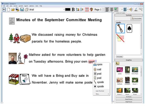 Screenshot of the program showing the notes from a committee meeting with symbols on the right and text notes on the left. A menu bar is on the far right.
