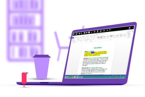 Purple laptop with display showing a text document. Purple cup of coffee is next to the laptop and in the background is a purple bookcase and chair. A tiny red figure is standing next to the keyboard. 