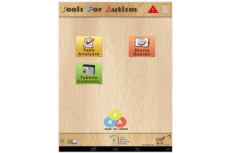 A screenshot of the app's page featuring 3 well-spaced and large buttons labeled: Task Analysis, Social Story, and Communication Table.