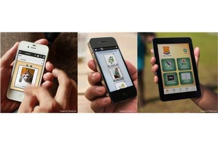Pictures and icons on two smartphones and a tablet.