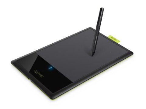 A black rectangular tablet like device, with a black stylus pen.