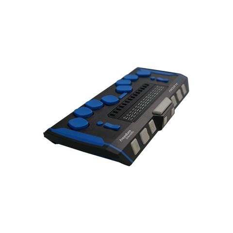 Angled view of black rectangular braille display with 14 cells and 8 light blue keys.