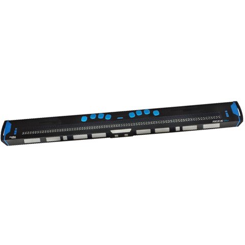 Long black rectangular braille display with 8 light blue buttons keys and 80 cells.